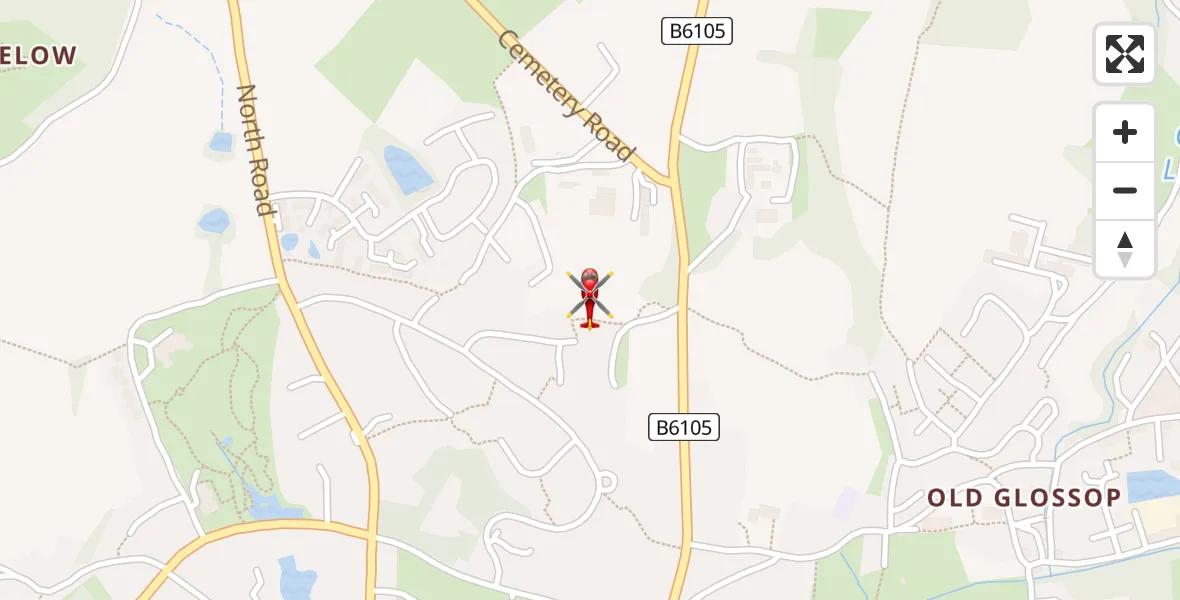 Flight path map showing Air Ambulance Helicopter route from Glossop to Glossop