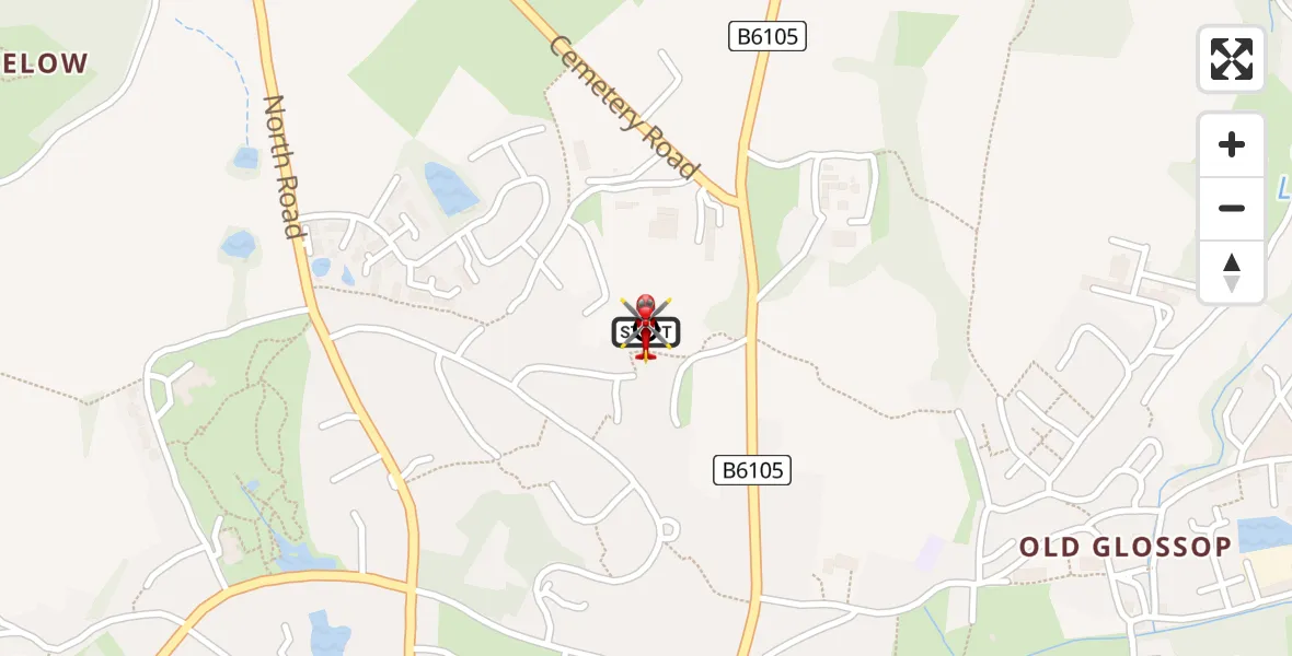 Flight path map showing Air Ambulance Helicopter route from Glossop to Padfield