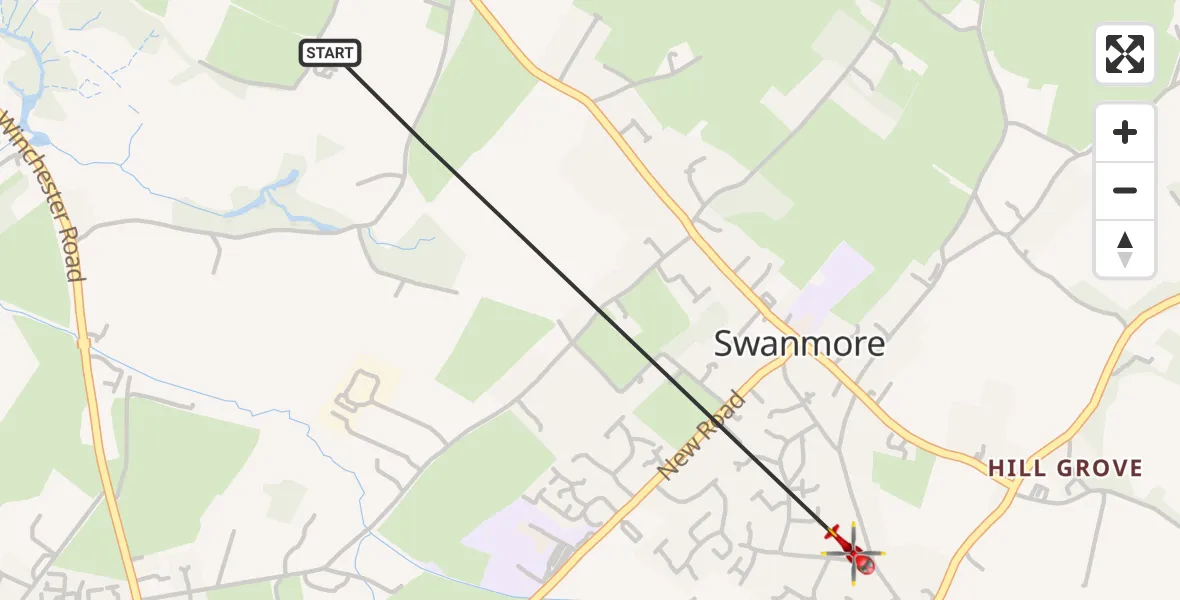 Flight path map showing Air Ambulance Helicopter route from Swanmore to Swanmore