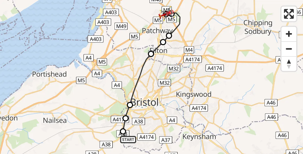 Flight path map showing Air Ambulance Helicopter route from Bristol to Almondsbury Helicopter Base