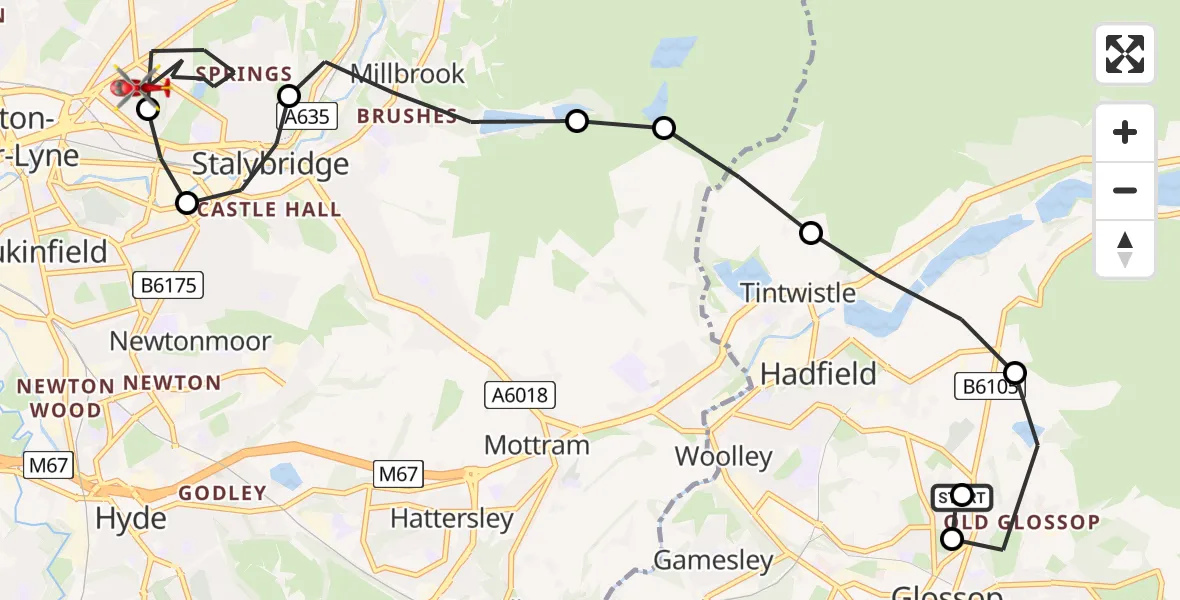 Flight path map showing Air Ambulance Helicopter route from Glossop to Stalybridge