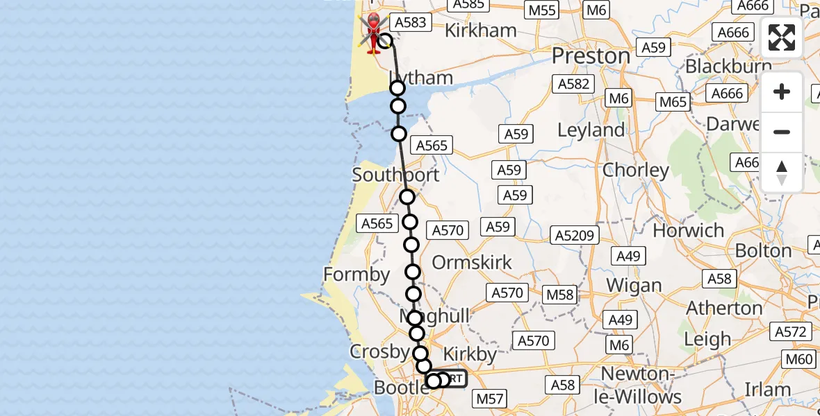 Flight path map showing Air Ambulance Helicopter route from Aintree University Hospital Heliport to Blackpool Airport