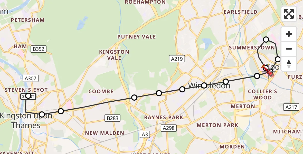 Flight path map showing Air Ambulance Helicopter route from Norbiton to St Georges Hospital