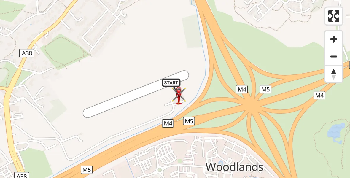 Flight path map showing Air Ambulance Helicopter route from Almondsbury Helicopter Base to Almondsbury Helicopter Base