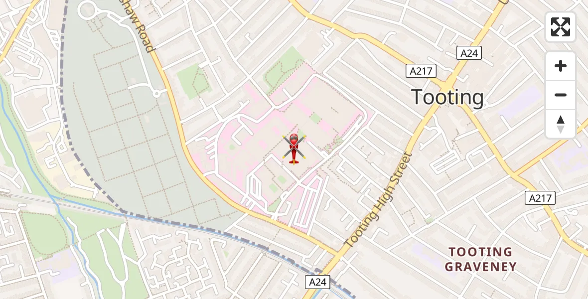 Flight path map showing Air Ambulance Helicopter route from St Georges Hospital to St Georges Hospital