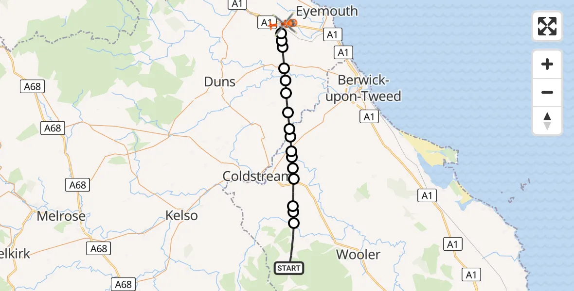 Flight path map showing Coastguard Helicopter route from Kirknewton to Reston
