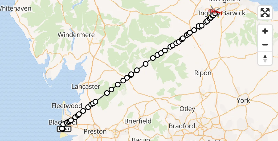 Flight path map showing Air Ambulance Helicopter route from Blackpool Airport to Egglescliffe