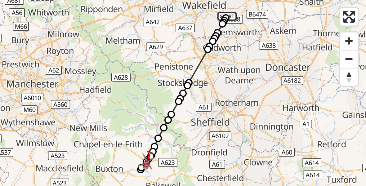 Flight path map showing Air Ambulance Helicopter route from YAA Nostell Helicopter Port to Great Hucklow CP