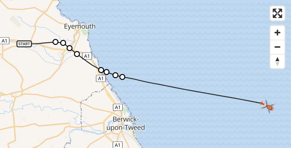 Flight path map showing Coastguard Helicopter route from Reston to North Sea
