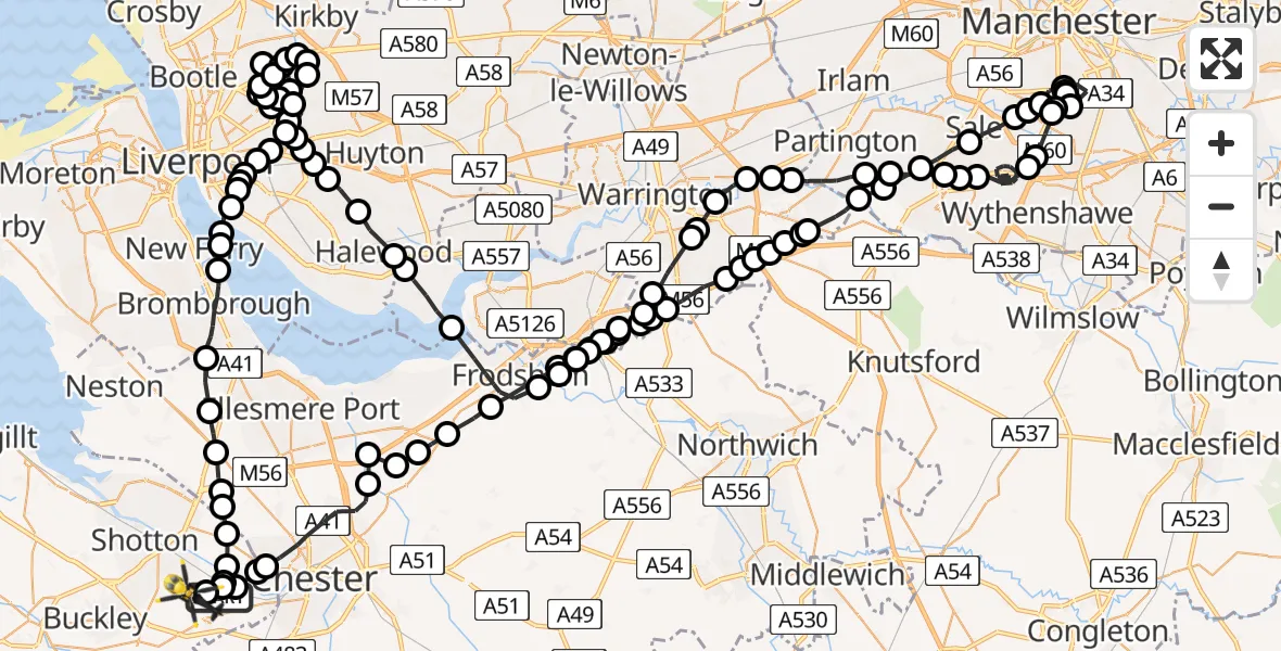 Flight path map showing Police Helicopter route from Hawarden Airport to Broughton