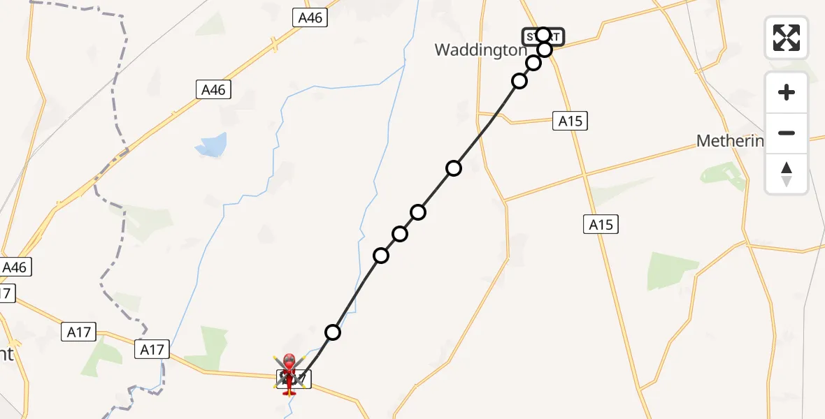 Flight path map showing Air Ambulance Helicopter route from RAF Waddington to Brant Broughton