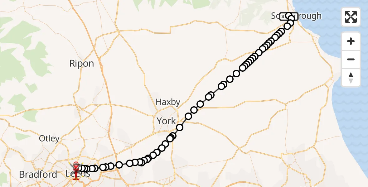 Flight path map showing Air Ambulance Helicopter route from Scarborough to Woodhouse