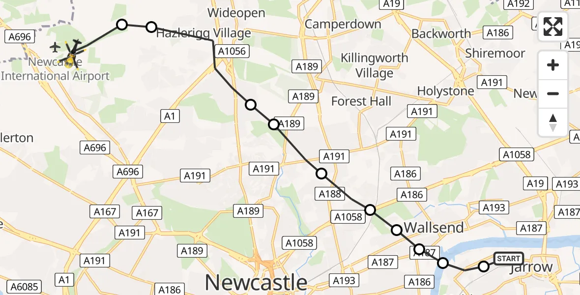 Flight path map showing Police Helicopter route from Jarrow to Newcastle International Airport