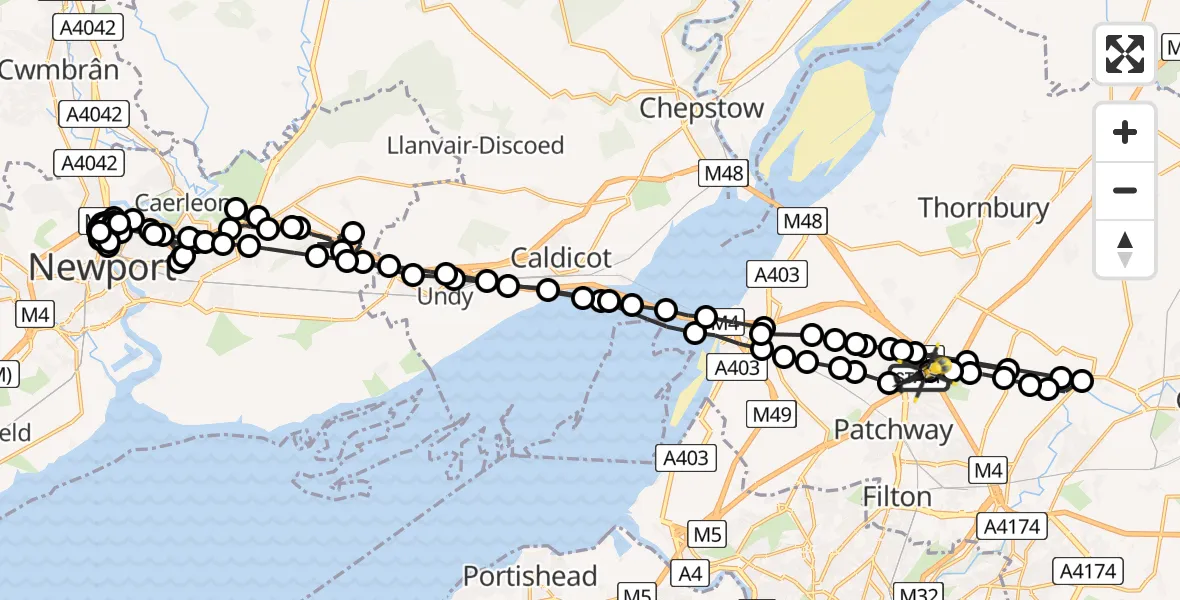 Flight path map showing Police Helicopter route from Almondsbury Helicopter Base to Almondsbury Helicopter Base