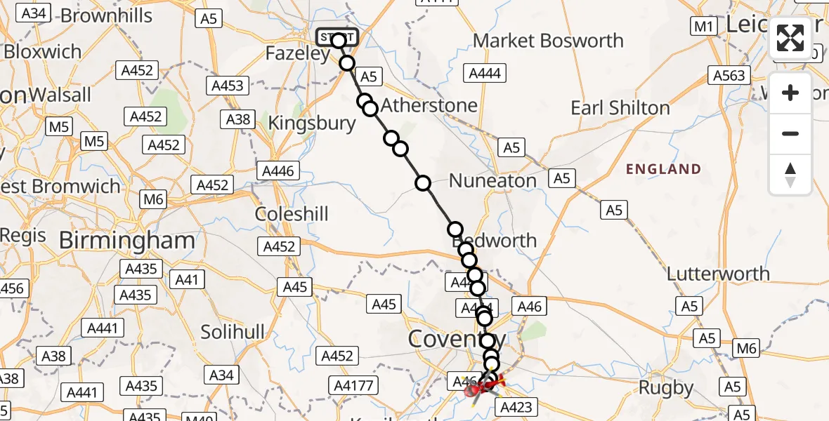 Flight path map showing Air Ambulance Helicopter route from Tamworth to Coventry Airport