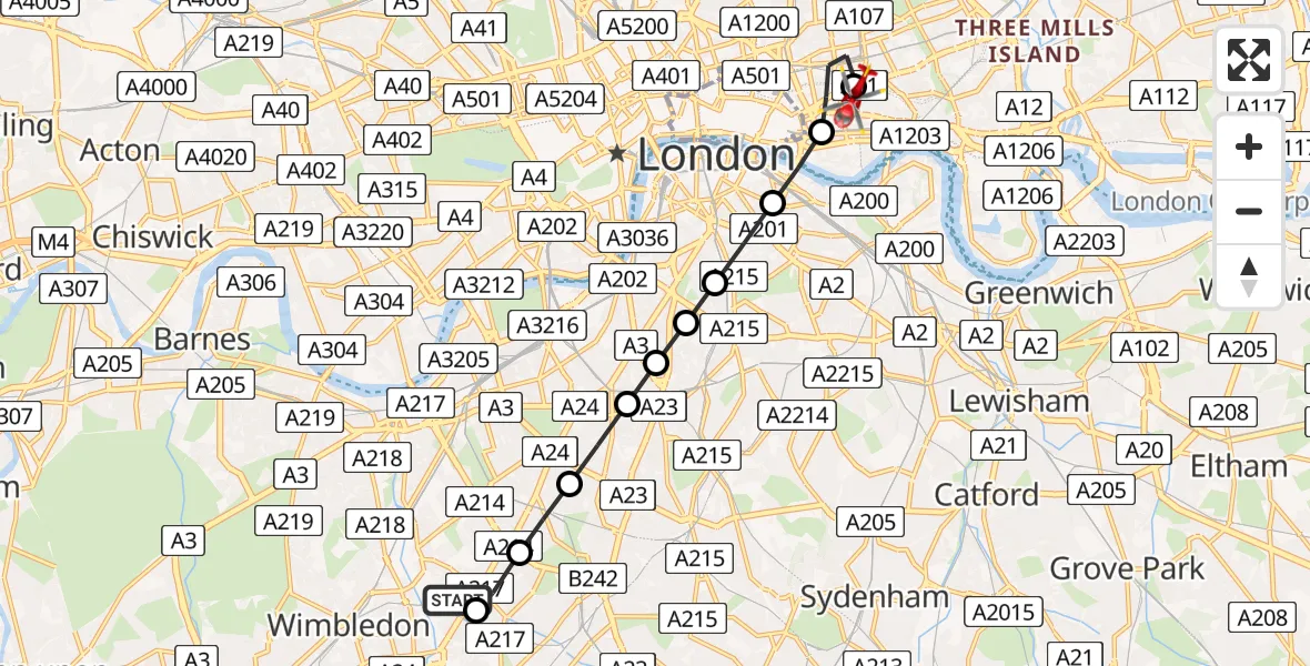 Flight path map showing Air Ambulance Helicopter route from St Georges Hospital to Royal London Hospital
