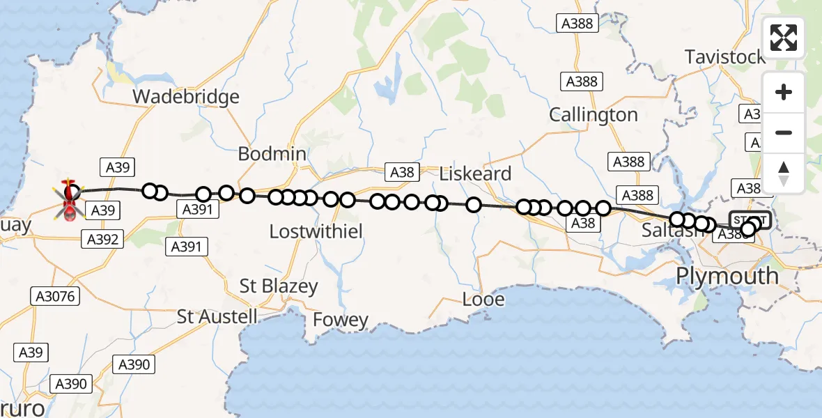 Flight path map showing Air Ambulance Helicopter route from Derriford Hospital to Cornwall Airport Newquay