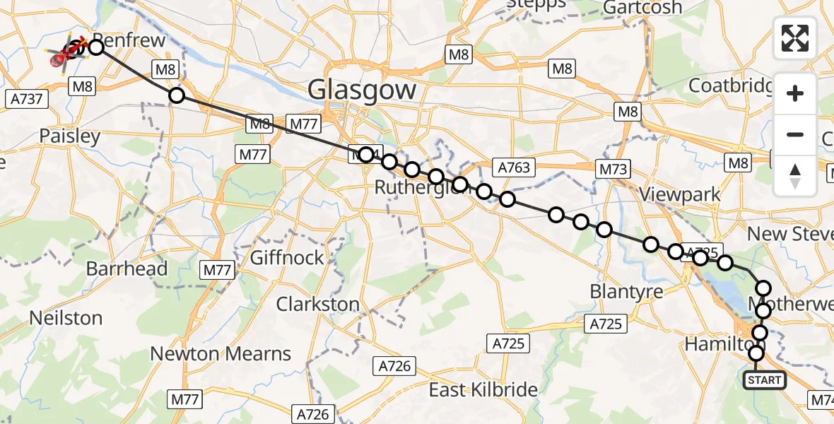 Flight path map showing Air Ambulance Helicopter route from Ferniegair to Glasgow Airport