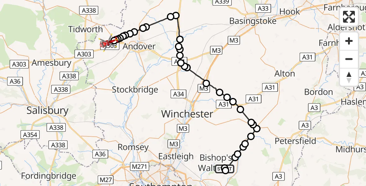 Flight path map showing Air Ambulance Helicopter route from Swanmore to Fyfield