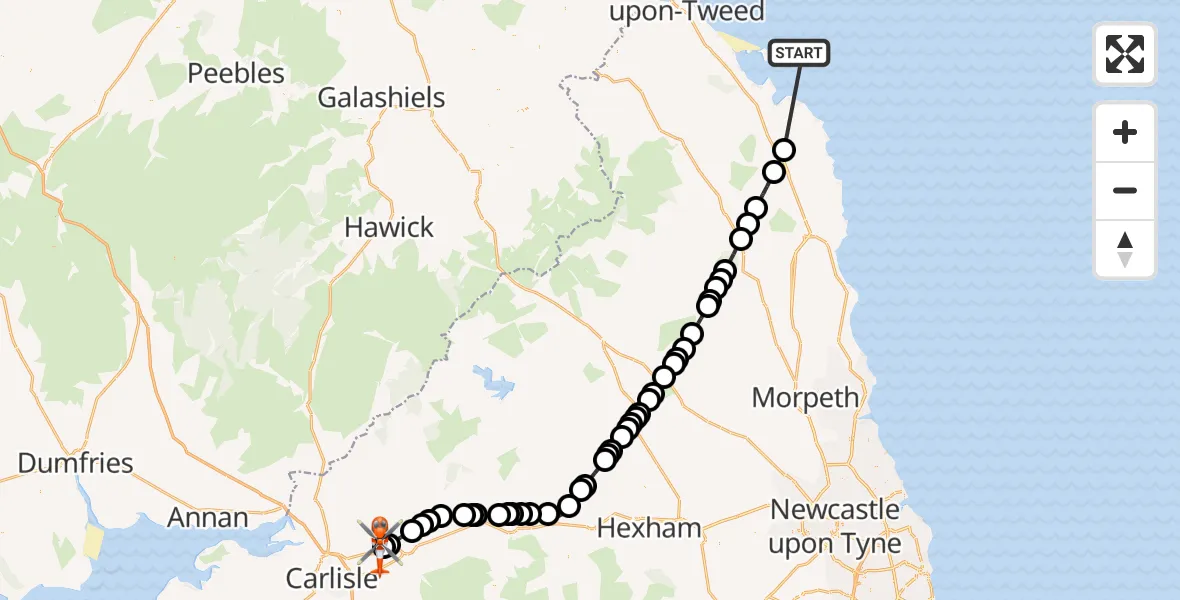 Flight path map showing Coastguard Helicopter route from North Sea to Carlisle Lake District Airport