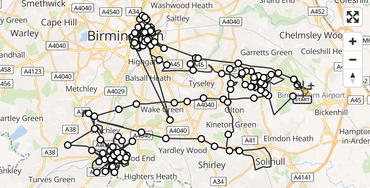 Flight path map showing Police Helicopter route from Birmingham Airport to Birmingham Airport