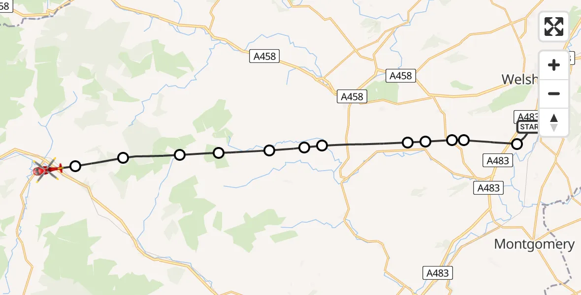 Flight path map showing Air Ambulance Helicopter route from Welshpool Airport to Llanbrynmair