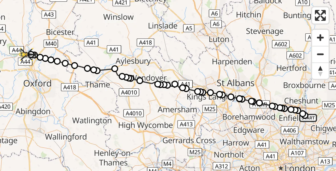 Flight path map showing Police Helicopter route from Sewardstonebury to Kidlington
