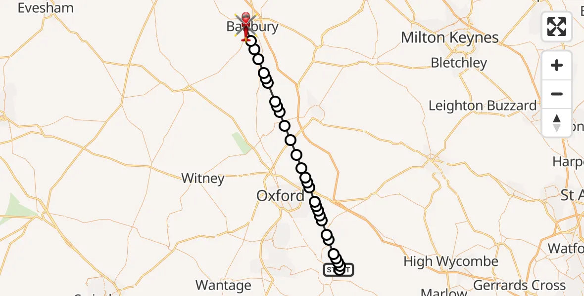 Flight path map showing Air Ambulance Helicopter route from RAF Benson to Banbury