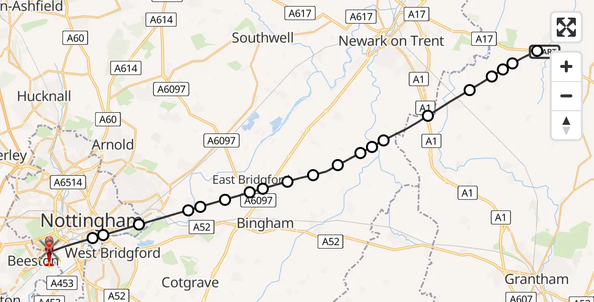 Flight path map showing Air Ambulance Helicopter route from Brant Broughton to City of Nottingham