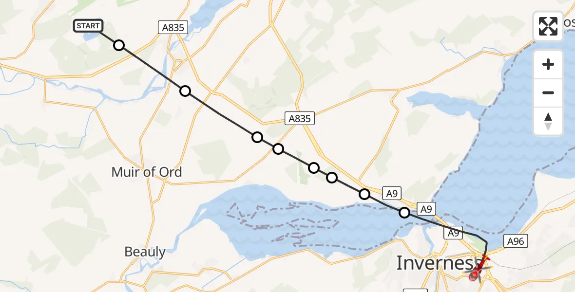 Flight path map showing Air Ambulance Helicopter route from Loch Ussie to Inverness