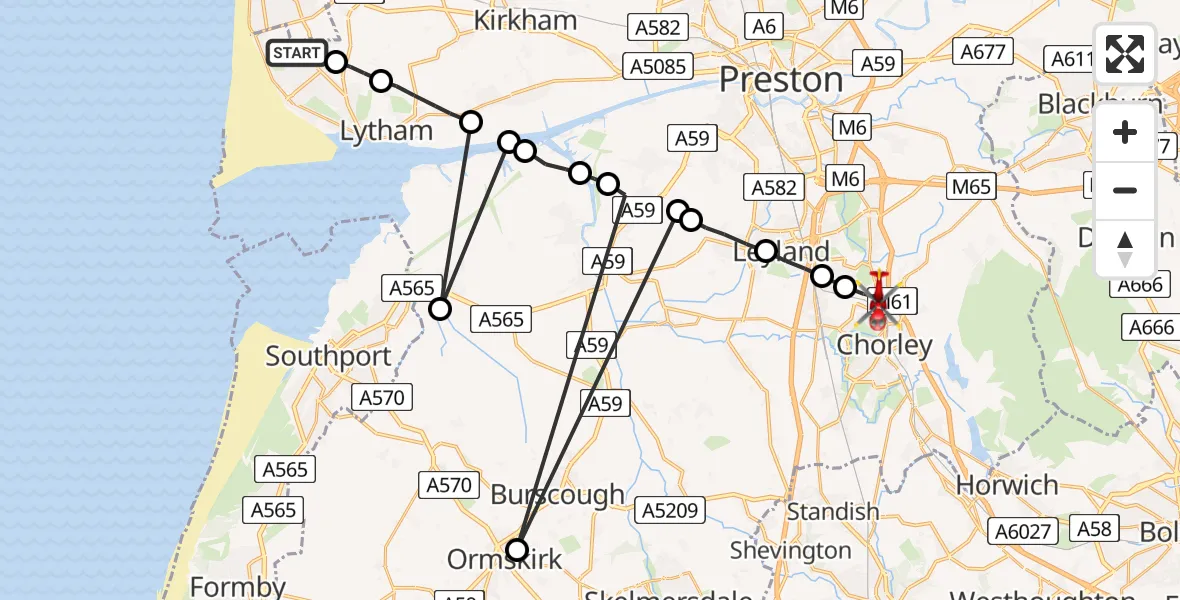 Flight path map showing Air Ambulance Helicopter route from Blackpool Airport to Chorley