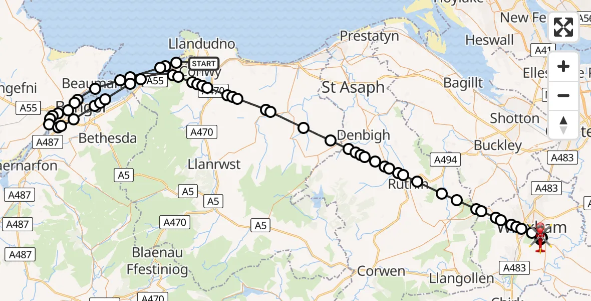 Flight path map showing Air Ambulance Helicopter route from Conwy to Marchwiel