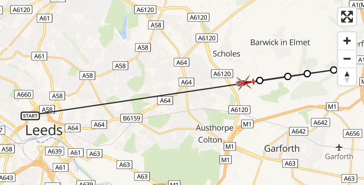 Flight path map showing Air Ambulance Helicopter route from Woodhouse to Scholes