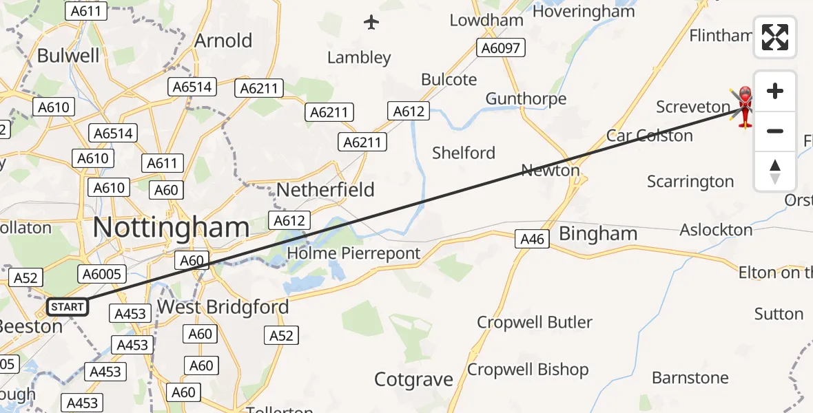 Flight path map showing Air Ambulance Helicopter route from Beeston to Hawksworth