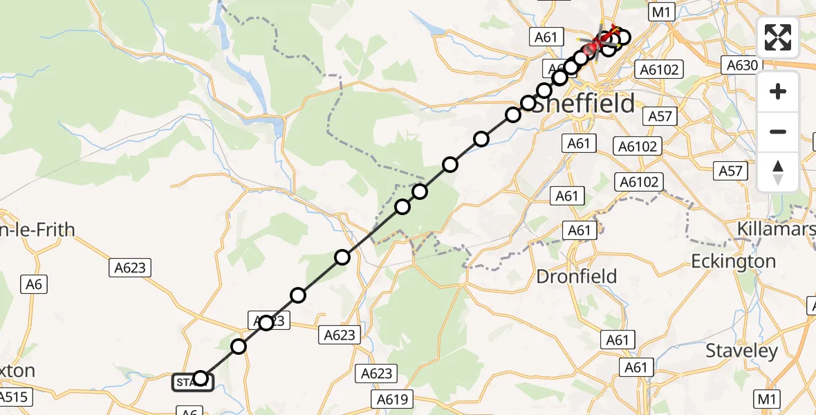 Flight path map showing Air Ambulance Helicopter route from Tideswell CP to Sheffield Northern Hospital