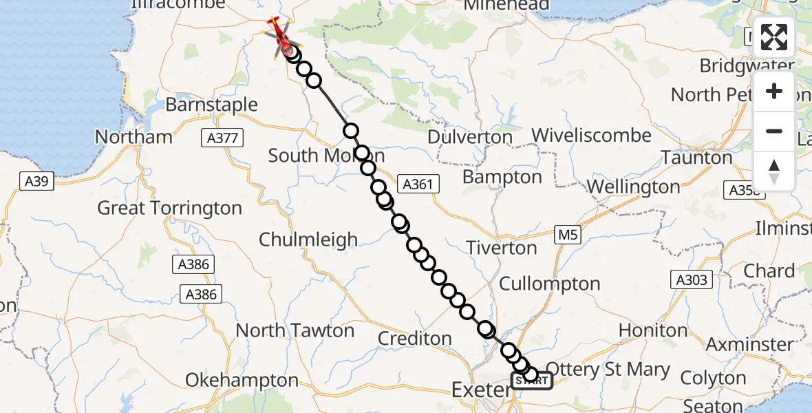 Flight path map showing Air Ambulance Helicopter route from Exeter International Airport to North Devon