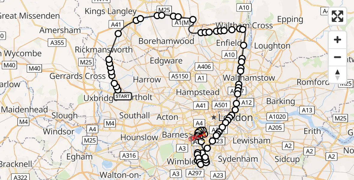 Flight path map showing Air Ambulance Helicopter route from RAF Northolt to London Heliport