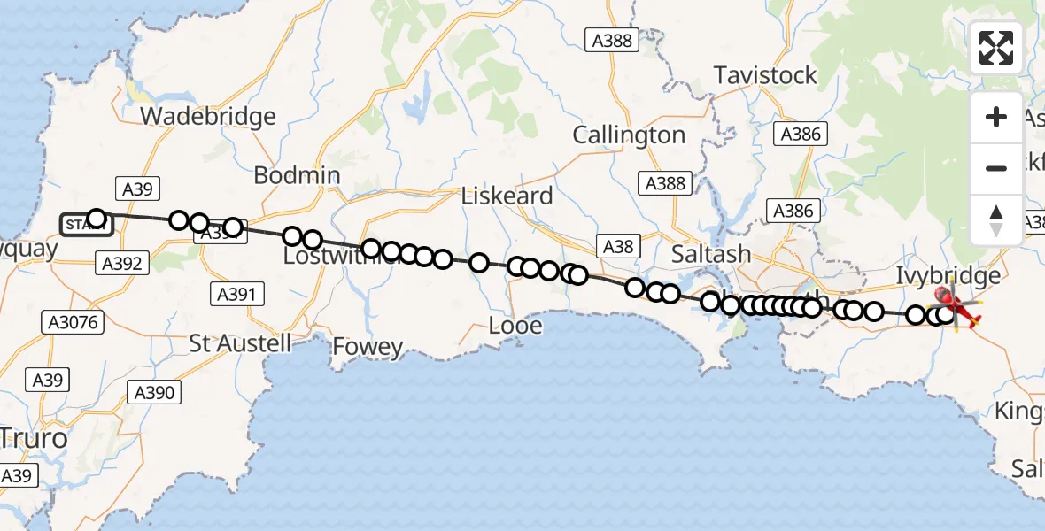 Flight path map showing Air Ambulance Helicopter route from Cornwall Airport Newquay to Ermington