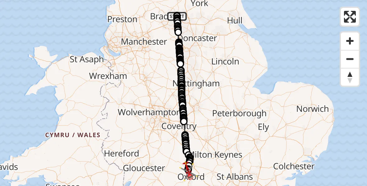 Flight path map showing Air Ambulance Helicopter route from Woodhouse to London Oxford Airport