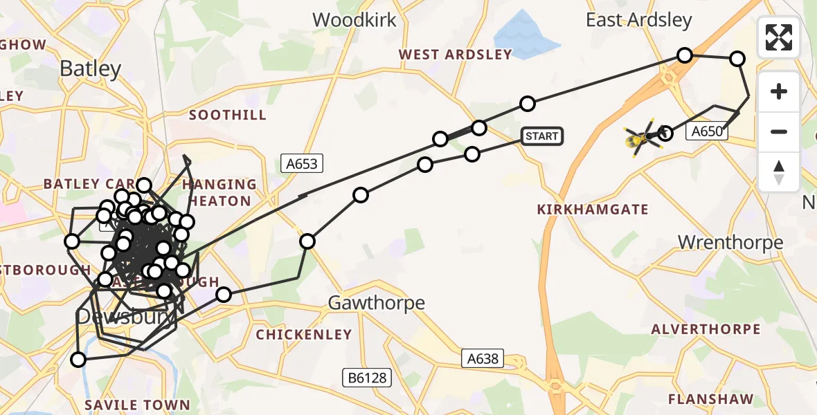 Flight path map showing Police Helicopter route from East Ardsley to Wrenthorpe