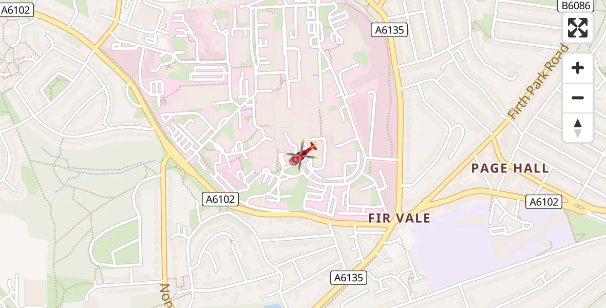 Flight path map showing Air Ambulance Helicopter route from Sheffield Northern Hospital to Sheffield Northern Hospital