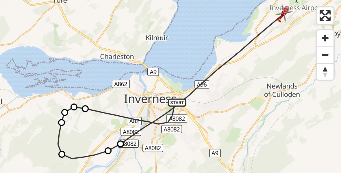 Flight path map showing Air Ambulance Helicopter route from Inverness to Inverness