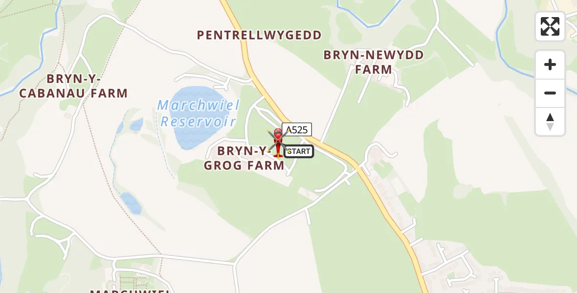 Flight path map showing Air Ambulance Helicopter route from Marchwiel to Marchwiel