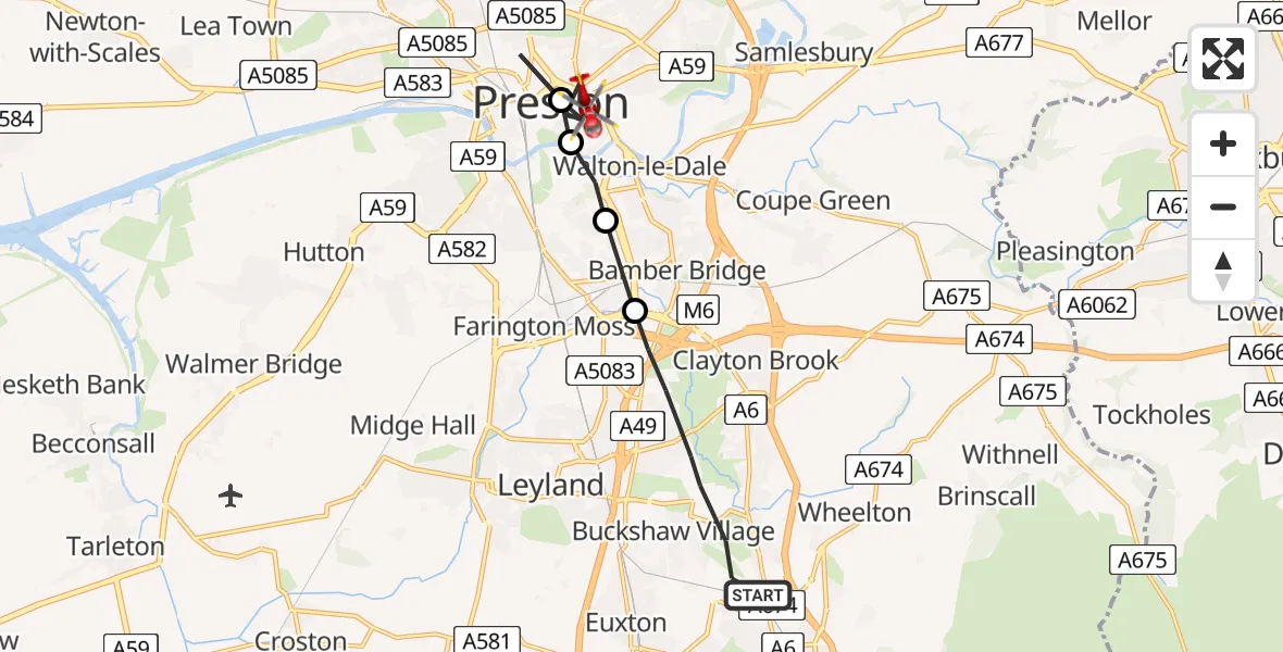 Flight path map showing Air Ambulance Helicopter route from Chorley to Preston