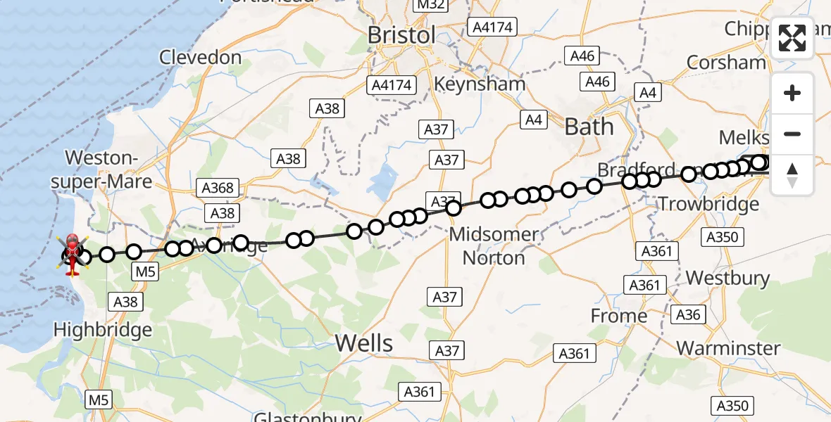 Flight path map showing Air Ambulance Helicopter route from Wiltshire Air Ambulance to Brean