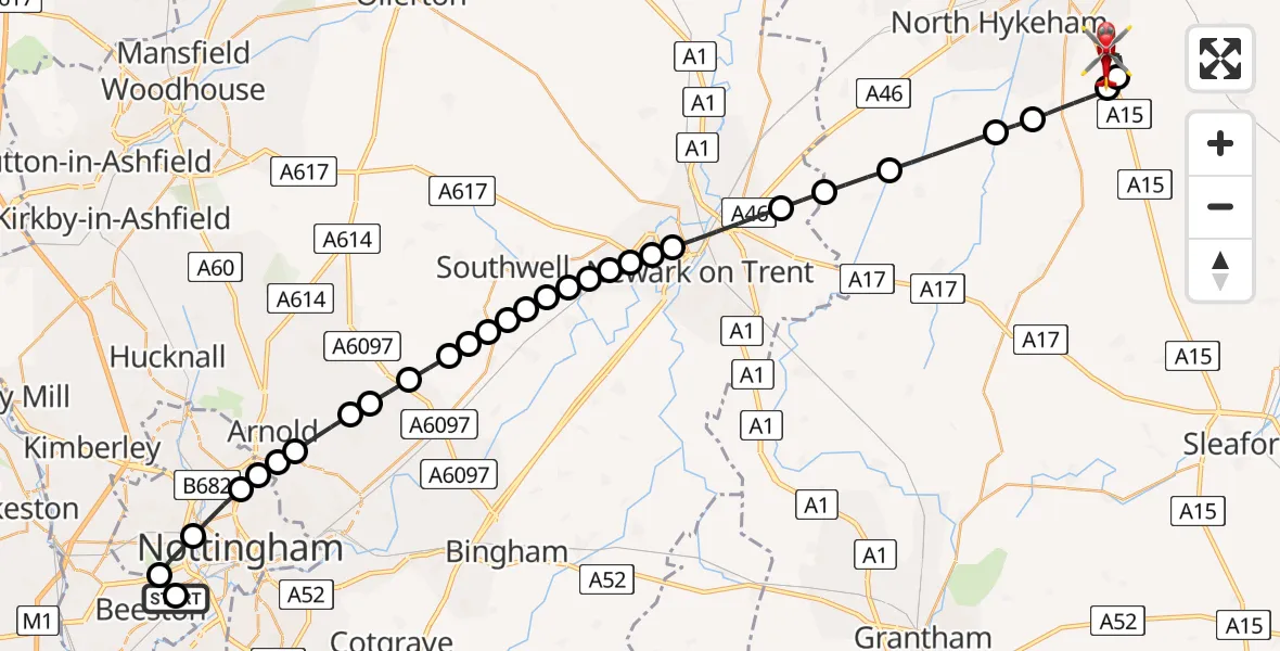 Flight path map showing Air Ambulance Helicopter route from Beeston to North Kesteven