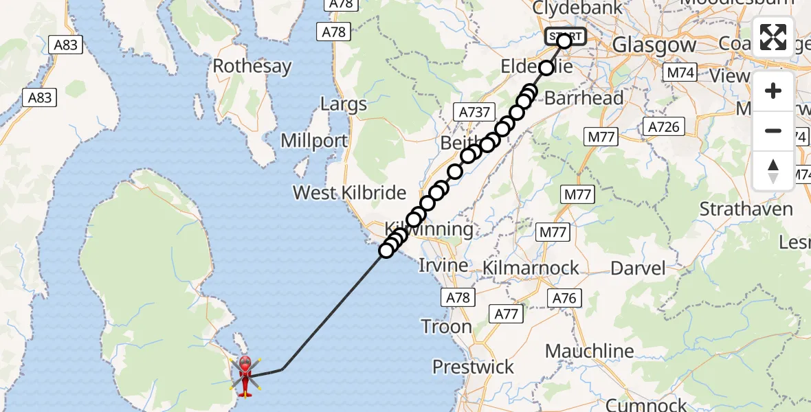 Flight path map showing Air Ambulance Helicopter route from Glasgow Airport to Inner Seas