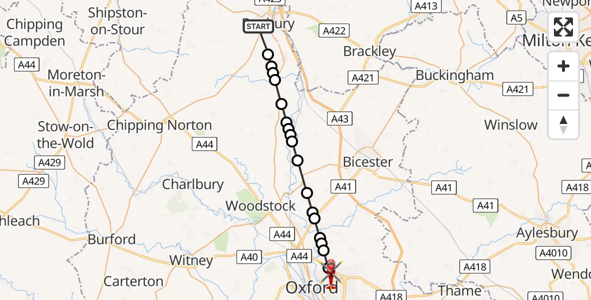 Flight path map showing Air Ambulance Helicopter route from Banbury to Oxford