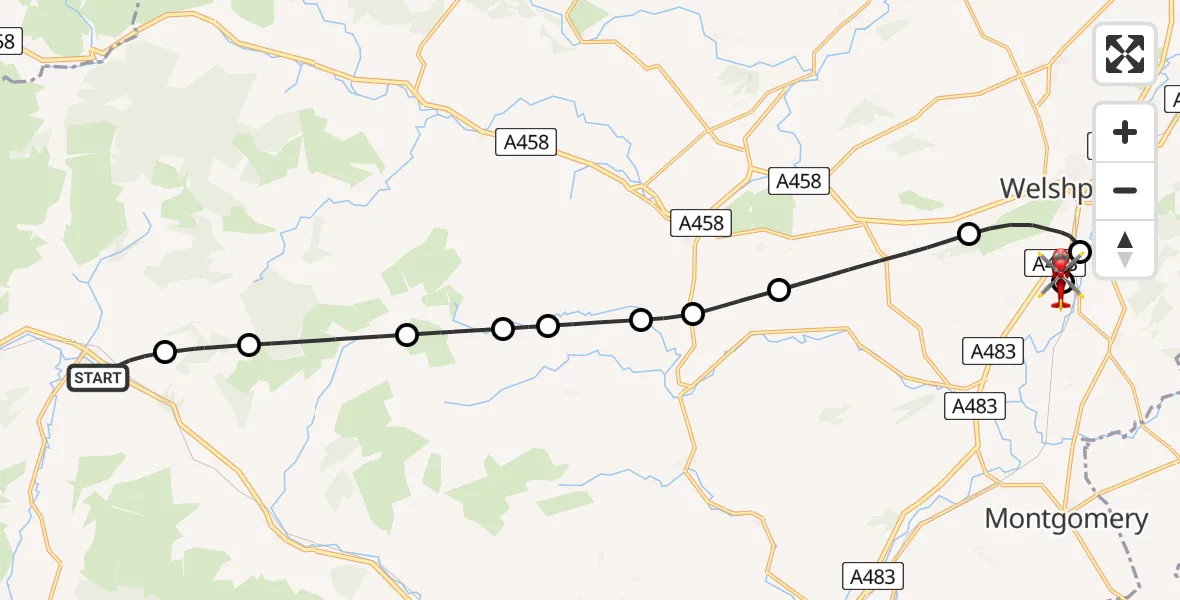 Flight path map showing Air Ambulance Helicopter route from Llanbrynmair to Welshpool Airport
