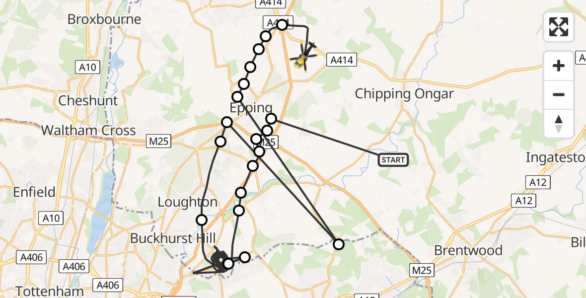 Flight path map showing Police Helicopter route from Brentwood to North Weald Airfield